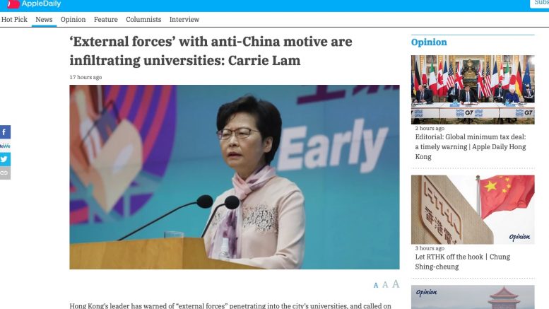 Carrie Lam köchelt jetzt mit der Marxismus-Leninismus-Suppe: Apple Dail.8.6.21. Screenshot.